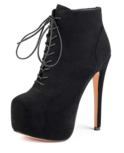 Damen Schnürer Stiefeletten Plateau Stiletto Stiefel 6" High Heel Knöchel Stiefel Flanell Warme Gefütterte Damenschuhe Schwarz-Suede EU45 von Elashe