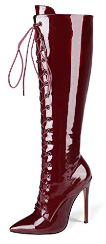 ElasheDamen Stiefeletten Schnür Stiefel Stiletto Absatz Sexy Langschaft Knie Hoch Stiefel Bordeaux EU37 von elashe