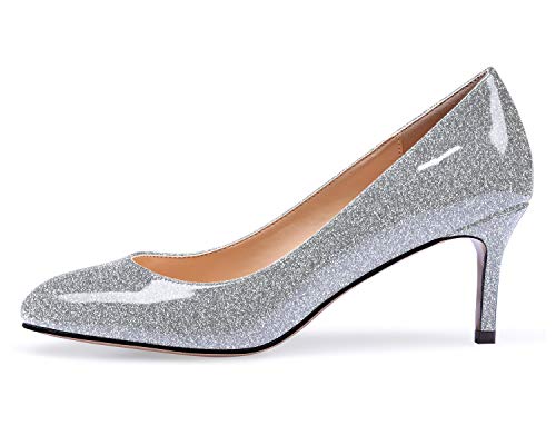 elashe 2.5 inch Kitten Heels Klassische Damen Pumps Runde Zehen Kleid Brautschuhe Partei Büro Geschlossen Pumps Silber EU37 von elashe