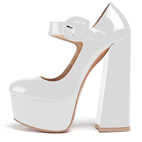 elashe Damen Blockabsatz Pumps Plateau High Heels Knöchelriemchen Riemchen Mary Jane High Heels Party Hochzeit Schuhe Blanc EU37 von elashe