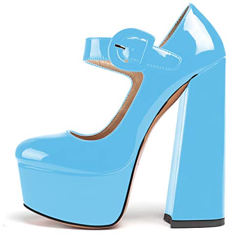 elashe Damen Blockabsatz Pumps Plateau High Heels Knöchelriemchen Riemchen Mary Jane High Heels Party Hochzeit Schuhe Bleu Clair EU41 von elashe