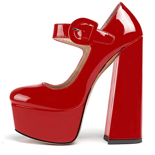 elashe Damen Blockabsatz Pumps Plateau High Heels Knöchelriemchen Riemchen Mary Jane High Heels Party Hochzeit Schuhe Rot EU46 von elashe