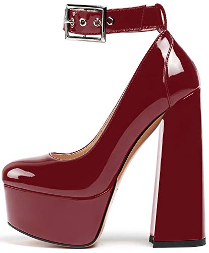 elashe Damen High Heels Plateau Pump Absatzschuhe Damen Fesselriemen mit Hohem Blockabsatz Runde Zehenpartie Bordeaux EU46 von elashe