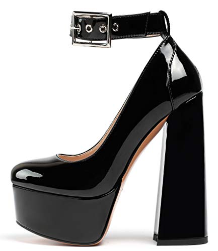 elashe Damen High Heels Plateau Pump Absatzschuhe Damen Fesselriemen mit Hohem Blockabsatz Runde Zehenpartie Schwarz Patent EU46 von elashe