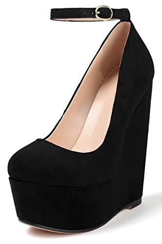 elashe Damen Keilabsatz Pumps Riemchen 6" Keilpumps Knöchelriemen Pumps Schwarz Suede EU39 von elashe