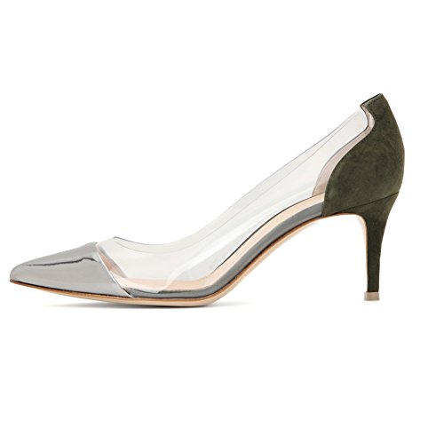 elashe - Damen Kitten Heel Pumps - Grün-und-Oliver Transparent PVC Sexy Heels - 6.5cm - Spitze zehen Hochzeit Pumps Grün-und-Oliver EU36 von elashe