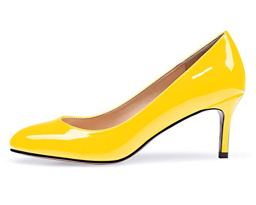 Elashe Damen Kitten High Heels Pumps mit Spitze Slip on Lack Basic Büro Arbeit Schuhe Gelb EU38 von Elashe