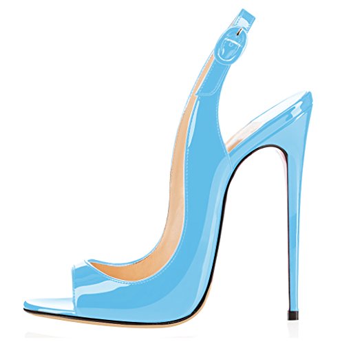 elashe Damen Knöchelriemchen Lackleder Pumps | Peep Toe Stiletto 12CM Sandalen | Slingback Hochzeit Schuhe Himmelblau EU38 von elashe