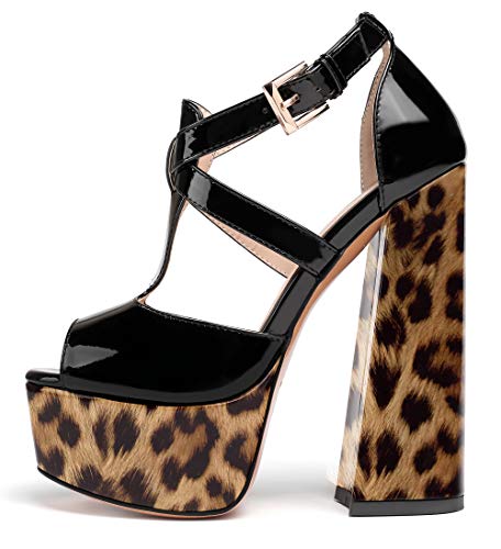 elashe Damen Knöchelriemchen Sandalen Peep Toe Plateau Pumps 6" Blockabsatz Party Kleid Casual Damenschuhe Schwarz/Leopard EU39 elashe Damen Knöchelriemchen Sandalen Peep Toe Plateau Pumps 6" Blockabsatz Party Kleid Casual Damenschuhe Schwarz/Leopard EU39 von elashe