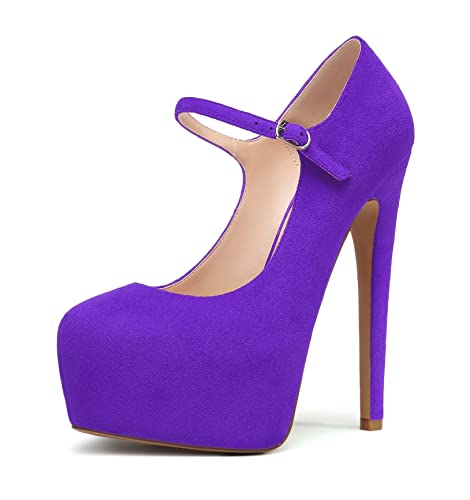 elashe Damen Mary Jane Pumps, Runde Zehen 15cm Stiletto High Heels, 3cm Plateau Knöchelriemchen Pump Wildleder ViolettEU40 von elashe