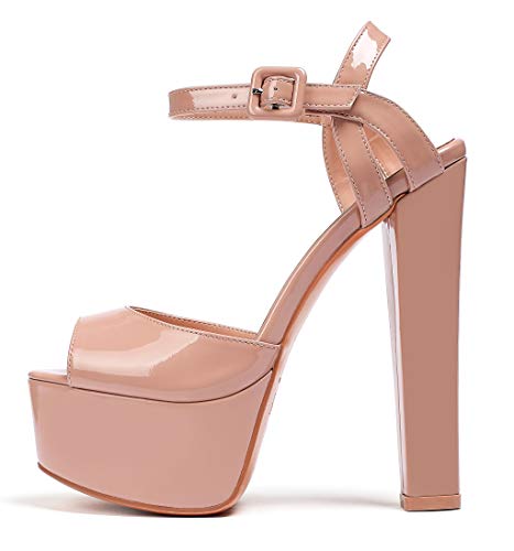 Elashe Damen Peep Toe Sandalen,Blockabsatz Plateau Sandalen,6" Knöchelriemchen Sandaletten Damenschuhe Beige EU38 von Elashe