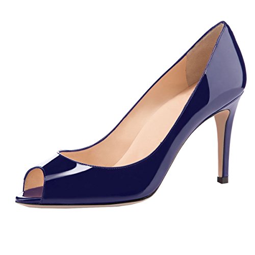 elashe Damen Peeptoe Pumps | 8cm Stiletto High Heel | Bequeme Lack Stilettos Marine EU38 von elashe