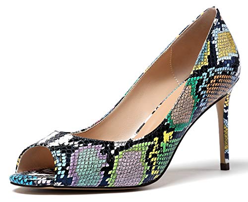 Elashe Damen Peeptoe Pumps | 8cm Stiletto High Heel | Bequeme Lack Stilettos Python EU39 von Elashe