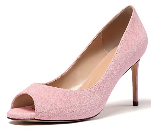 elashe Damen Peeptoe Pumps | 8cm Stiletto High Heel | Bequeme Lack Stilettos Rosa/Pink Wildleder EU45 von elashe