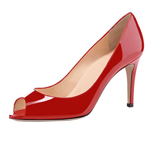 elashe Damen Peeptoe Pumps | 8cm Stiletto High Heel | Bequeme Lack Stilettos Rot EU38 von elashe