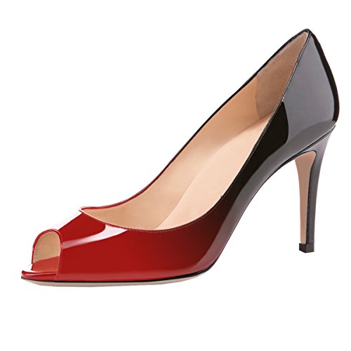 elashe Damen Peeptoe Pumps | 8cm Stiletto High Heel | Bequeme Lack Stilettos Rot-Schwarz EU41 von elashe