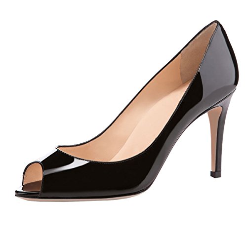 elashe Damen Peeptoe Pumps | 8cm Stiletto High Heel | Bequeme Lack Stilettos Schwarz EU37 von elashe