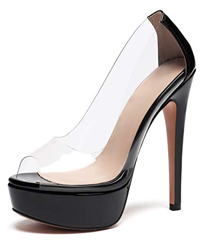 Elashe Damen Peeptoe Sandaletten Plateau Open Toe Sandalen Pumps Transparente 6" High Heels Elegante Damenschuhe Schwarz EU45 von Elashe