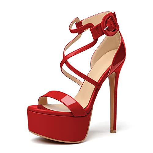 Elashe Damen Peeptoe Sandaletten Plateau Sandalen Pumps6“ Kreuz Riemchen Stiletto High Heels Elegante Damenschuhe Rot EU38 von Elashe