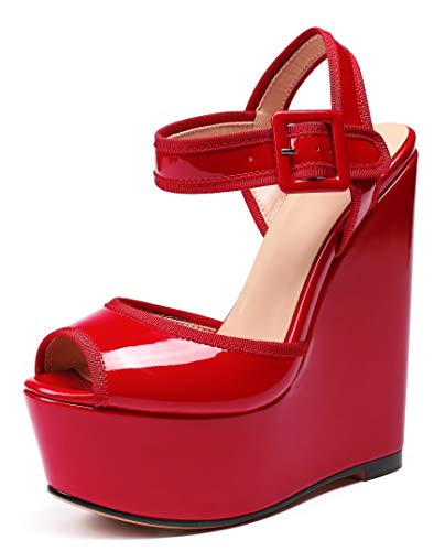 elashe Damen Sandalen Keilabsatz 6" Peeptoe Plateau Knöchelriemen Sommerschuhe Rot EU46 elashe Damen Sandalen Keilabsatz 6" Peeptoe Plateau Knöchelriemen Sommerschuhe Rot EU46 von elashe