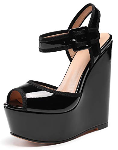 elashe Damen Sandalen Keilabsatz 6" Peeptoe Plateau Knöchelriemen Sommerschuhe Schwarz EU46 von elashe