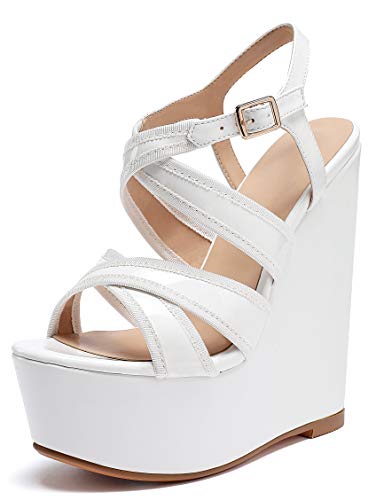 elashe Damen Sandalen Keilabsatz Peeptoe Plateau 6" Knöchelriemen Sommerschuhe Weiß EU38 von elashe