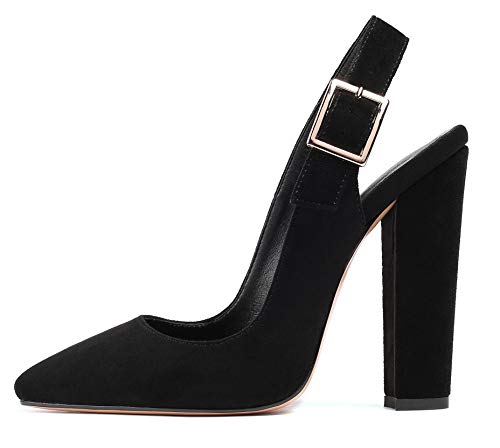 elashe Damen Slingback High Heels Spitze Knöchelriemen Pumps Blockabsatz für Büro Kleid Casual Schwarz-Suede EU41 von elashe