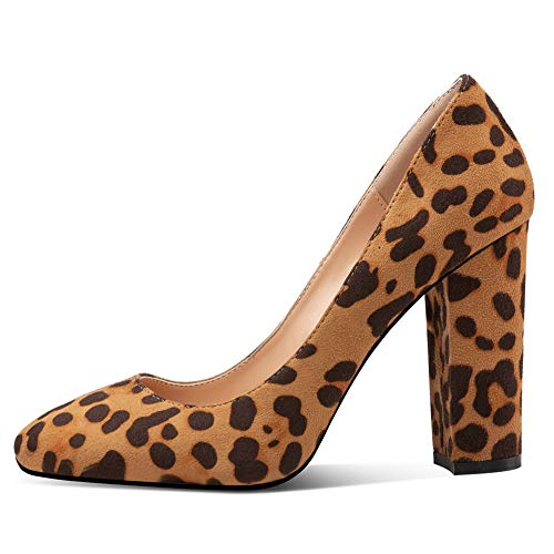 elashe - Damenchuhe - High Heel Pumps - Blockabsatz - 10CM - Runde Spitze - große Größe - Pumps Leopard EU39 von elashe