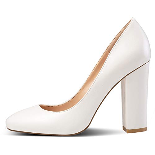 elashe - Damenchuhe - High Heel Pumps - Blockabsatz - 10CM - Runde Spitze - große Größe - Pumps Weiß EU39 von elashe