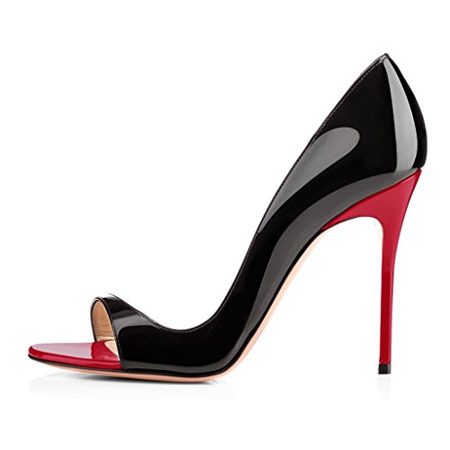 Elashe Damenschuhe High Heels Pumps | Open Toe 12CM Cut Out Lack Heels | D'orsay Hochzeit Schuhe | Hochzeit Party Pumps Schwarz-Rot EU41 von Elashe
