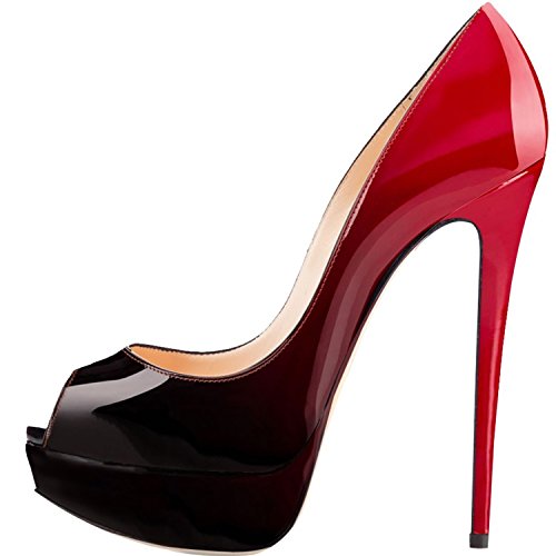 elashe High Heels Damenchuhe Große Größe Rutsch Peeptoe Plateau Pumps Party Hochzeit Schwarz-Rot EU38 von elashe