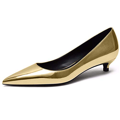 elashe Klassische Damen Pumps | 1.4 IN Damen Kitten Heel Pumps Low Heels Hochzeitschuhe | Abend Prom Party Kleidschuhe Gold EU39 von elashe