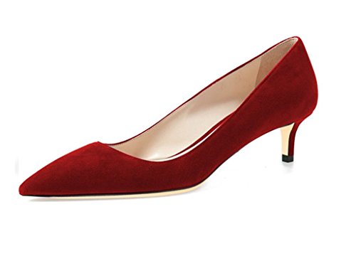 elashe Spitze Damen Pumps | 6.5CM Bequeme Wildleder Stilettos | Elegante Kitten Heels Rot EU38 von Elashe