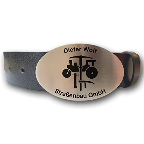 elbedruck Ledergürtel mit ovaler Gürtelschnalle Zunftsymbol Straßenbauer und Wunschgravur personalisiert Dein Text Name Firmenname Geschenkbox Workwear (S (Länge 100 cm)) von elbedruck