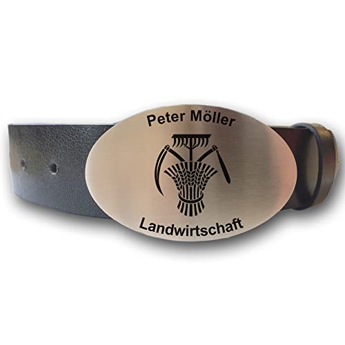 elbedruck Ledergürtel mit ovaler Gürtelschnalle Zunftwappen Landwirt und Wunschgravur personalisiert Dein Text Name Geschenkbox Bauer Zunftzeichen (M (Länge 110 cm)) von elbedruck