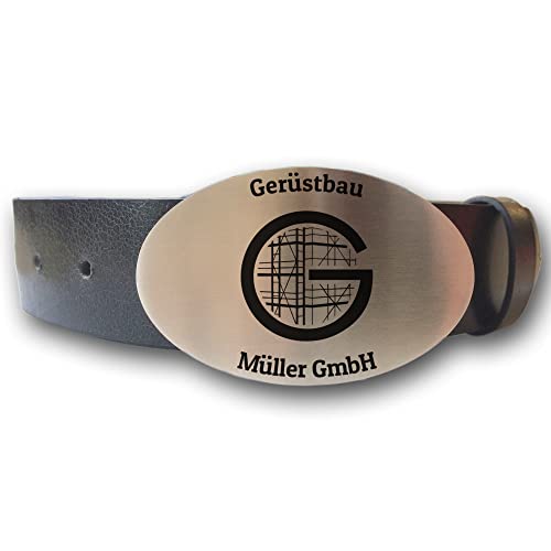 elbedruck Ledergürtel mit ovaler Gürtelschnalle Zunftzeichen Gerüstbauer und Wunschgravur personalisiert Dein Text Name Firmenname Gerüstbau Geschenk (M (Länge 110 cm)) von elbedruck