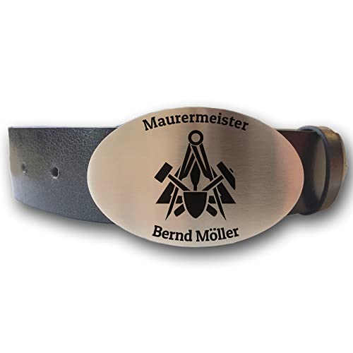 elbedruck Ledergürtel mit ovaler Gürtelschnalle Zunftzeichen Maurer und Wunschgravur personalisiert Dein Text Name Gürtel Geschenk Meurer Betonbauer (L (Länge 120 cm)) von elbedruck