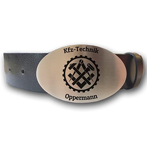 elbedruck Ledergürtel mit ovaler Gürtelschnalle Zunftzeichen Mechaniker und Wunschgravur personalisiert Dein Text Name Gürtel Geschenk Mechatroniker (XL (Länge 130 cm)) von elbedruck
