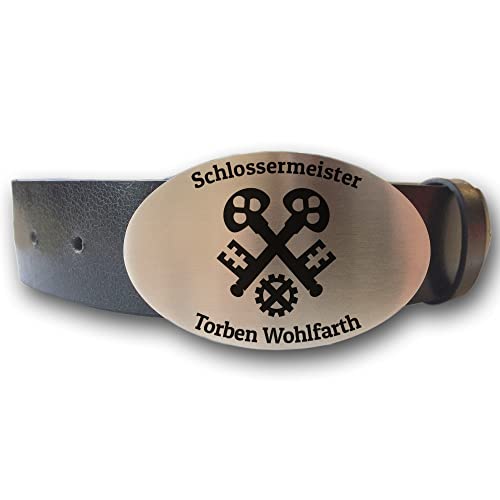 elbedruck Ledergürtel mit ovaler Gürtelschnalle Zunftzeichen Schlosser Metallbauer und Wunschgravur personalisiert Dein Text Name Gürtel Geschenk Schmied (M (Länge 110 cm)) von elbedruck