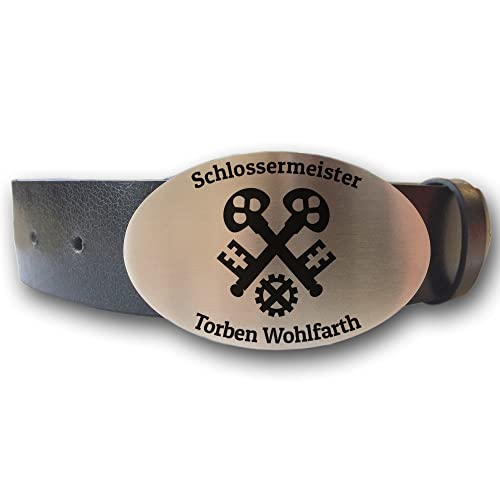 elbedruck Ledergürtel mit ovaler Gürtelschnalle Zunftzeichen Schlosser Metallbauer und Wunschgravur personalisiert Dein Text Name Gürtel Geschenk Schmied (S (Länge 100 cm)) von elbedruck