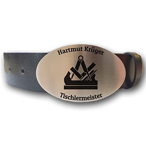 elbedruck Ledergürtel mit ovaler Gürtelschnalle Zunftzeichen Tischler und Wunschgravur personalisiert Dein Text Name Firma Gürtel Geschenk Tischlerin (S (Länge 100 cm)) von elbedruck