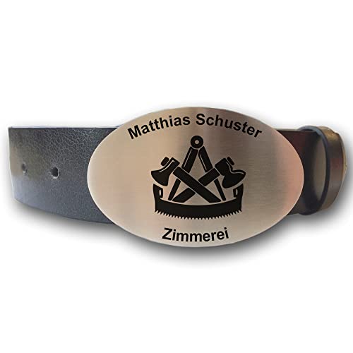 elbedruck Ledergürtel mit ovaler Gürtelschnalle Zunftzeichen Zimmerer und Wunschgravur personalisiert Dein Text Name Firmenname Zimmermann Geschenk (L (Länge 120 cm)) von elbedruck