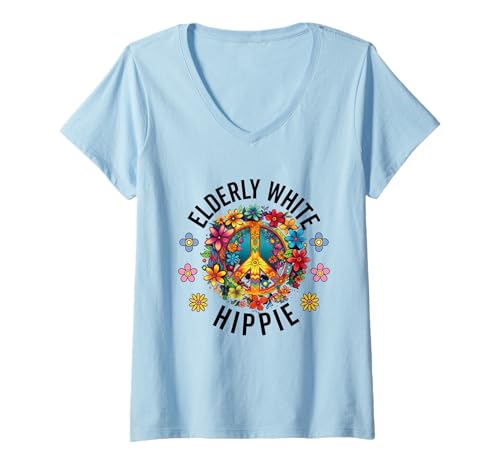 Damen Elterly White Hippie 60th 70th Birthday Groovy Peace Schild T-Shirt mit V-Ausschnitt Damen Elterly White Hippie 60th 70th Birthday Groovy Peace Schild T-Shirt mit V-Ausschnitt von elderly white hippie 60th 70th Merchandise
