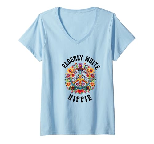 Damen Elterly White Hippie 60th 70th Birthday Groovy Peace Schild T-Shirt mit V-Ausschnitt Damen Elterly White Hippie 60th 70th Birthday Groovy Peace Schild T-Shirt mit V-Ausschnitt von elderly white hippie 60th 70th Merchandise
