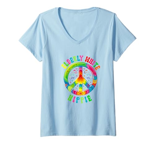 Damen Elterly White Hippie 60th 70th Birthday Groovy Peace Schild T-Shirt mit V-Ausschnitt Damen Elterly White Hippie 60th 70th Birthday Groovy Peace Schild T-Shirt mit V-Ausschnitt von elderly white hippie 60th 70th Merchandise