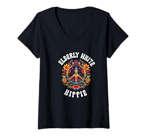 Damen Elterly White Hippie 60th 70th Birthday Groovy Peace Schild T-Shirt mit V-Ausschnitt Damen Elterly White Hippie 60th 70th Birthday Groovy Peace Schild T-Shirt mit V-Ausschnitt von elderly white hippie 60th 70th Merchandise