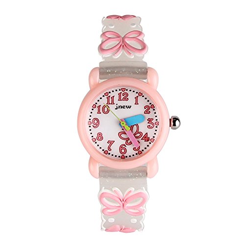 ele ELEOPTION Kinder Armbanduhr Wasserdicht 3D Cartoon Design runden Zifferblatt Silikon Gummi Kinderuhr Quarz Armbanduhr für kleine Mädchen und Jungen (Pink und Weiß- Schmetterling) von ele ELEOPTION