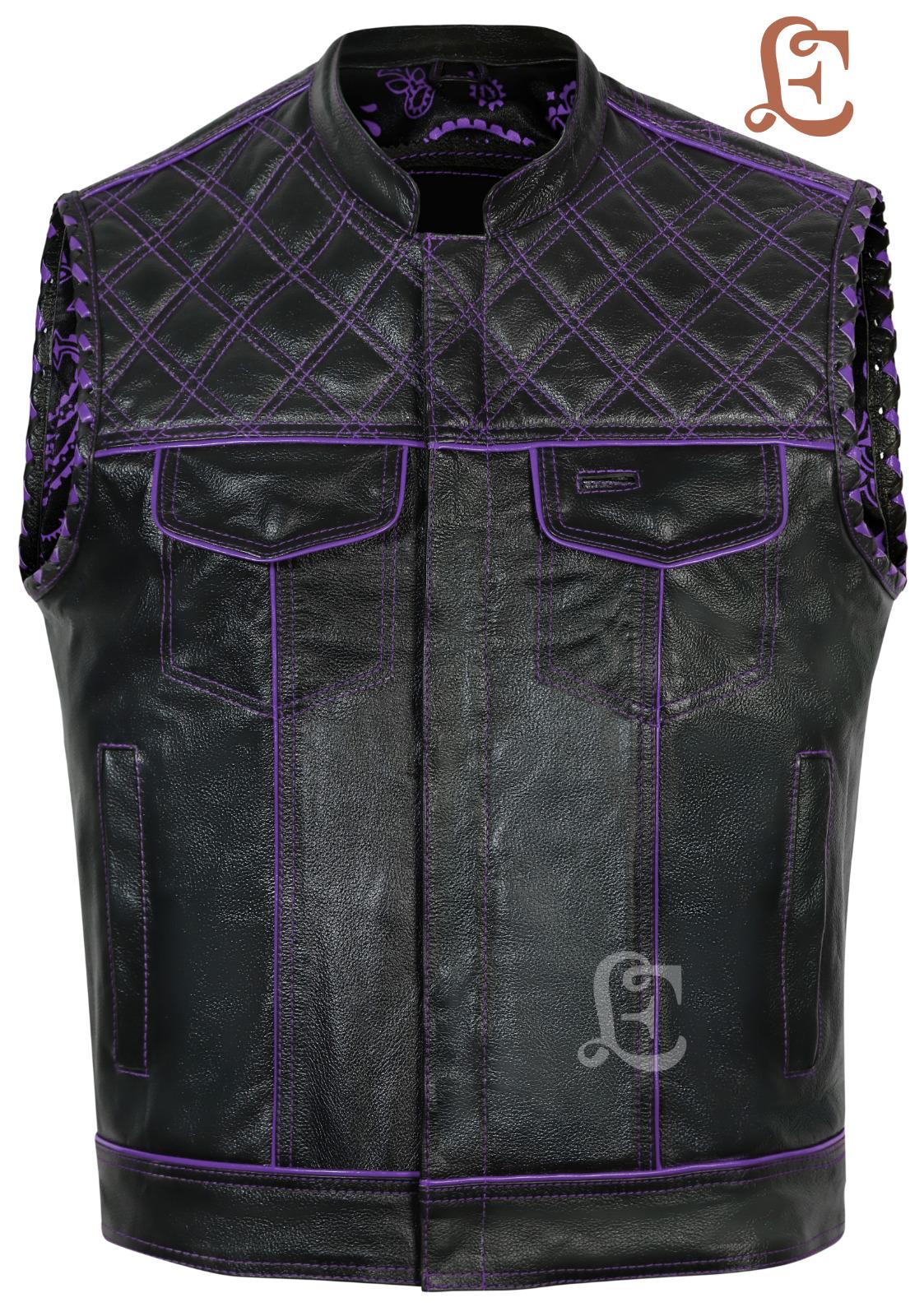 Handgefertigte Leder Bikerweste Diamant Gesteppte Motorradweste, Schwarz & Lila von eleganceleatherhub