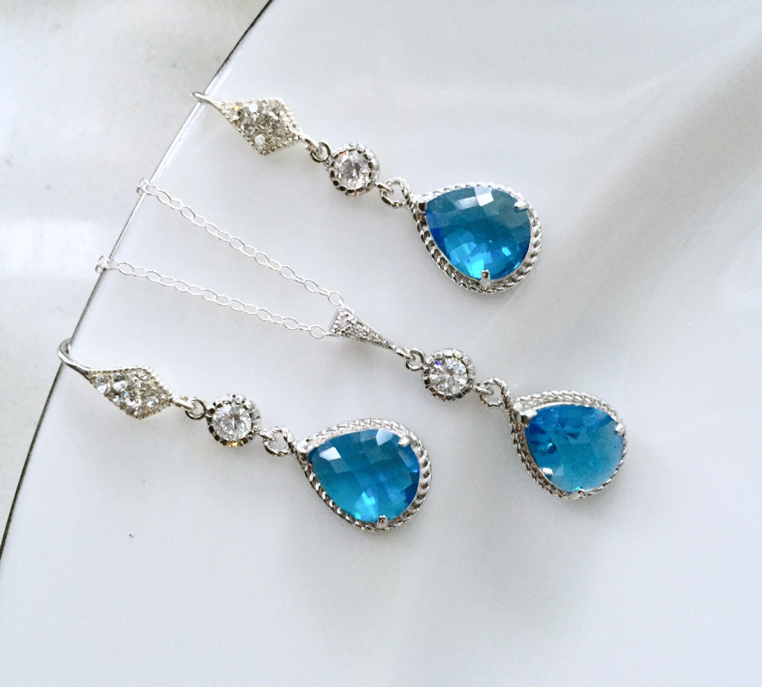 Blauer Kristall-Schmuck-Set, Blau Silber Halskette Und Ohrringe Set, Hochzeit Braut Schmuck-Set-Blau, Mutter Der Braut Blauer Kristall-Schmuck-Set, Blau Silber Halskette Und Ohrringe Set, Hochzeit Braut Schmuck-Set-Blau, Mutter Der Braut von elegantjewelry12