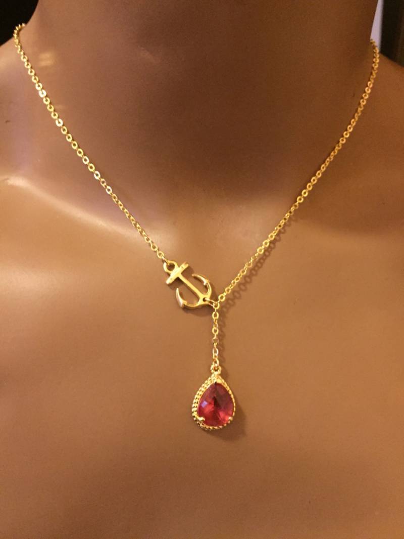 Fuschia Gold Kristall Halskette, Anker Lariat Heiße Rosa Glas Hochzeit Geburtstag Abschlussgeschenk von elegantjewelry12